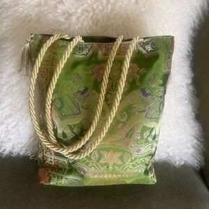Vintage Elegant Green Indian Tote Bag with Elephant Design.